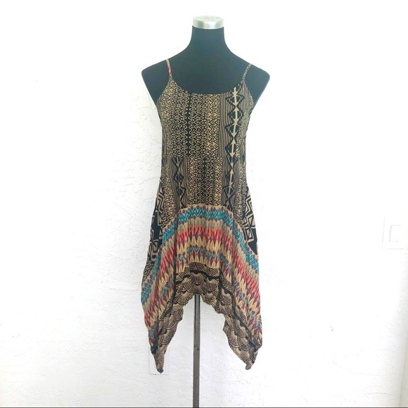 Y2K Boho Hippie California Moonrise Beach Asymmetrical Print Tunic Dress - Picture 1 of 7